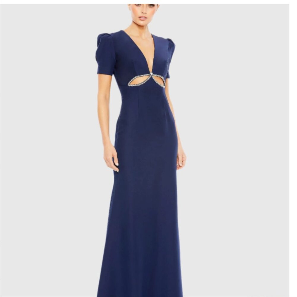NWT Ieena for Mac Duggal Navy Plunge Neck Puff Sleeve Cut Out Gown Sz 4